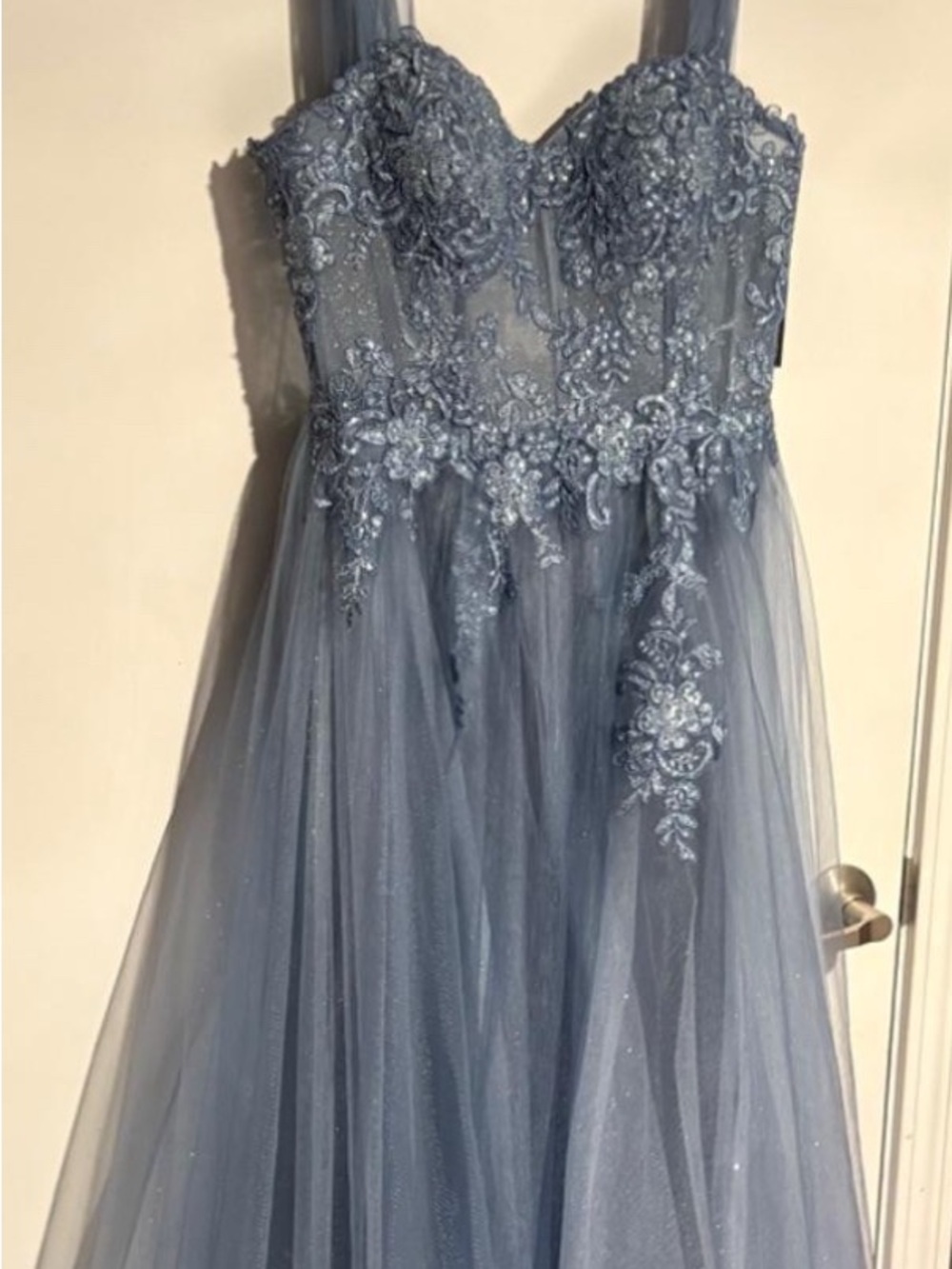 Blondie Nites Slate Blue Embroidered Tulle Prom Dress